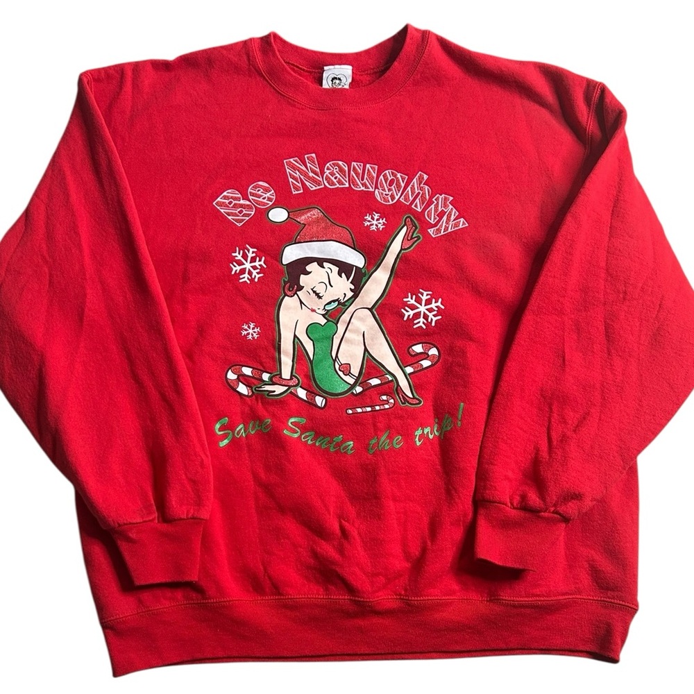 VTG 2004 Betty Boop “Be Naughty” Christmas Sweatshirt XL Red Save Santa the Trip